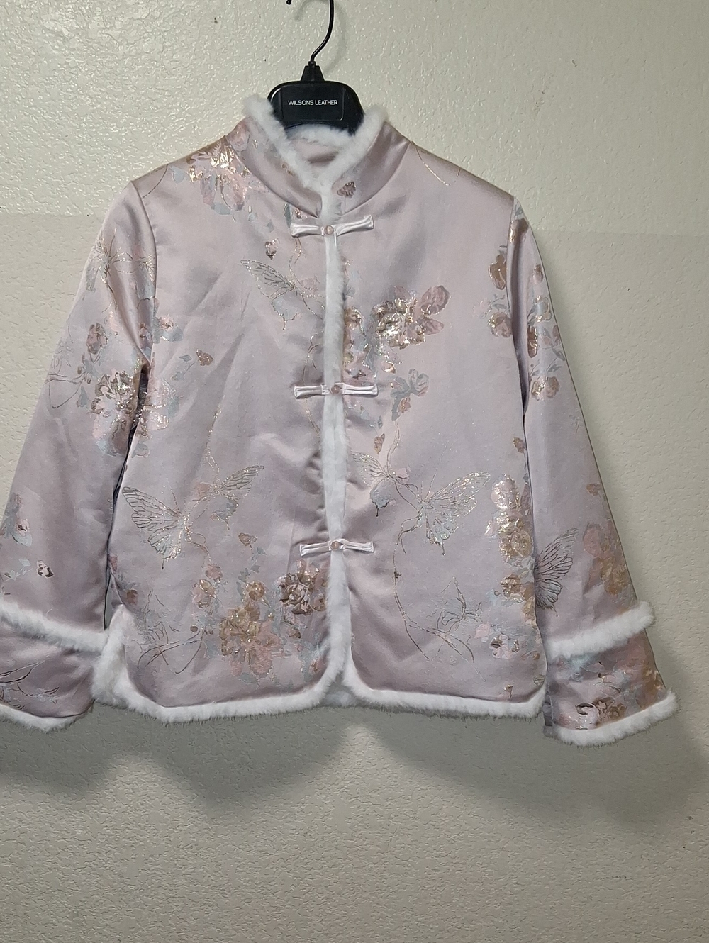 Womens Pink Floral Satin Jacket with Faux Fur Trim